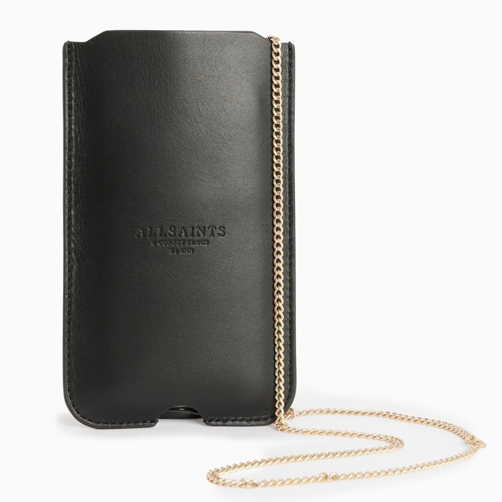 All Saints Black Leather Crossbody Phone Pouch with Gold Chain
